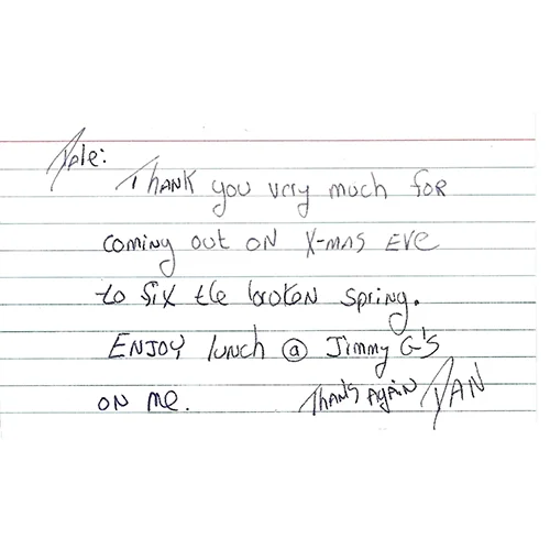 Handwritten customer thank-you note 5